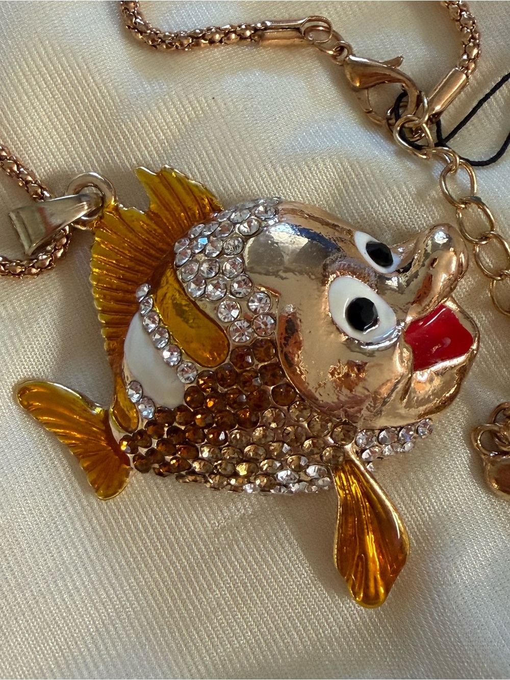 Rhinestone Clown Fish Orange and Gold Pendant Necklace